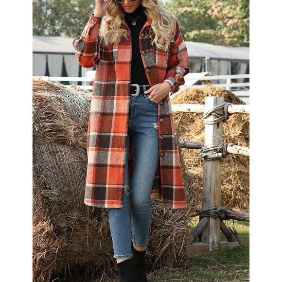 Women's Wool Blend Plaid Shacket Long Jacket Pockets Fall Winter - Picture 3 of 6